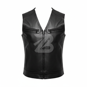 Chaleco de Cuero Genuino para Hombre al por Mayor, Cuello en V, Cierre Frontal con Cremallera, Estilo Biker Minimalista, Marca Privada OEM - Product Image 3