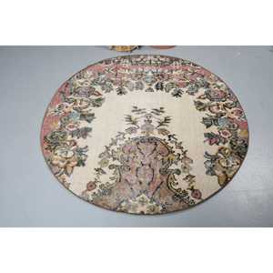 พรมวินเทจตุรกี ขนาด 4.5x4.5 ฟุต (138x138 ซม.) ลายพืชและต้นไม้สีชมพูฟ้า - Product Image 3
