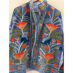 Autumn/Winter <b>Reversible</b> Quilted Suzani Embroidered Velvet <b>Jacket</b> in Indigo Blue Size XL with Custom Logo for Cozy Days - Product Image 2