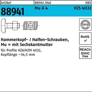 Tornillo de Cabeza de Martillo R 88941 HZS41/22, Tuerca de 6 Puntas M12x50 Mu A4, 25 Piezas HALFEN - Product Image 1