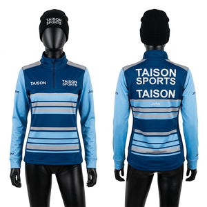 Sudadera deportiva para mujer de alta calidad, 300 GSM, tela de poliéster y elastano, base azul, paneles con franjas azul claro, logotipo sublimado personalizado - Product Image 5