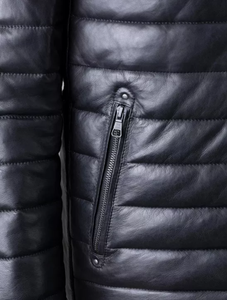 Customize Black Men's Genuine Sheepskin <b>Leather</b> Waterproof Breathable Windproof Puffer <b>Jacket</b> Winter Season Poly Batting Padded - Product Image 6