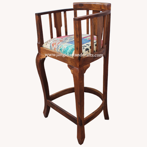 Tabouret de bar en bois avec revêtement en tissu patchwork coloré au design moderne, structure en bois de sheesham massif, respectueux de l'environnement - Product Image 5