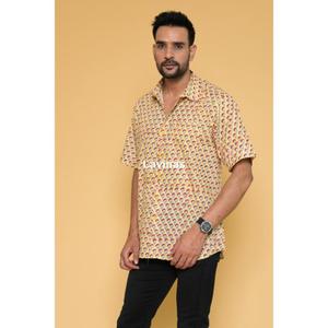 Camisa de media manga con estampado de bloques florales amarillos para hombre, Top informal de verano para playa, 100% algodón - Product Image 4