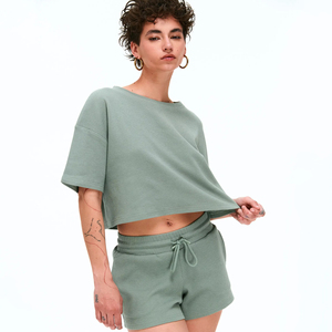 Women's <b>Waffle</b> Knit Crop Top Oversized Cropped T <b>Shirt</b> Streetwear Y2K Drop Shoulder Fashion Tee Custom Logo OEM Wholesale - Product Image 1
