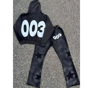 Survêtements pour hommes à coupe évasée, lavage à l'acide, broderie personnalisée, pantalon patchwork délavé, sweat à capuche XL, streetwear en molleton, logo, hiver - Product Image 1