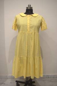 Elegant Summer <b>Lemon</b> Yellow Adult <b>Dress</b> Fully Cotton Natural Waistline Straight Silhouette Solid Pattern with Embroidery - Product Image 3