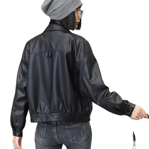 Chaqueta de cuero de piel de vaca sintética con estilo para mujer, chaqueta de solapa unida con bolsillos en el pecho, diseño de PU - Product Image 5