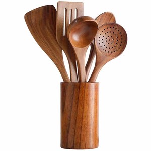 Ensemble d'ustensiles en bois d'acacia 6 pièces avec support - Outils de cuisine professionnels antiadhésifs - Product Image 1