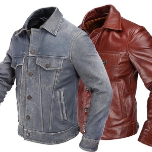 2020 Red Brown High Street Style Canvas <b>Leather</b> Jacket Single Breasted Plus Size XXXL Genuine Natural Cowhide Men's <b>Coat</b> - Product Image 3