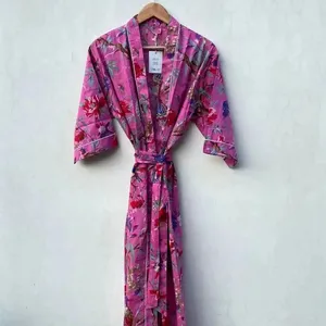Algodón puro último estilo indio de verano hecho a mano largo estampado Floral Boho señoras Kimono batas vestidos Casual batas de baño tamaño libre