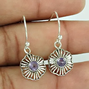 神话般的设计925纯银天然紫色紫水晶宝石花朵形状耳环为她的手工珠宝印度