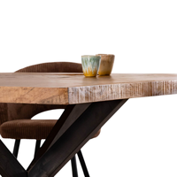 Table à manger en bois pour la maison, le bistrot, le café et le restaurant, avec plateau en bois de teck au design texturé, finition vieillie à la main, base en métal gris