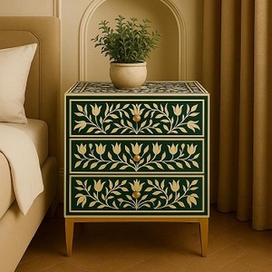 Handmade Bone Inlay <b>Side</b> Table for Bedroom and Living Room Luxurious Floral Bone Inlay Color Single <b>Drawer</b> Bedside Table - Product Image 2