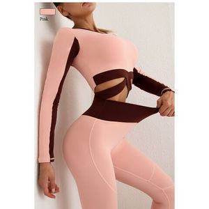 2025 Custom Ladies Fitness Wear Patrón sólido Conjunto de yoga Cintura alta Pantalones sin costuras y Top de manga larga con costuras personalizadas - Product Image 2
