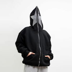 Sudadera con capucha de gran tamaño con cremallera de cara completa Negra Y2K unisex, jersey de hombre con diamantes de imitación, sudadera con cremallera completa personalizada de peso pesado de gran tamaño - Product Image 1