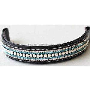 Bande de front de cheval en cuir noir personnalisée avec rangée de strass Bling incurvés en forme de fabricant exclusif fait à la main - Product Image 4