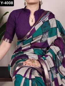 Saree de material Chanderi de viscosa de poliéster de estilo indio y pakistaní con estampado con borde de templo Saree y piezas de blusa - Product Image 4