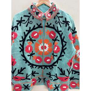 Samarkand Bloom Outerwear Hand-Embroidered Suzani <b>Jacket</b> in Sage Green with <b>Coral</b> Pomegranates Ready for Spring - Product Image 2