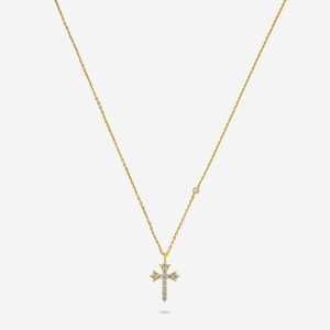 Pendentif en argent 925 plaqué or rhodié avec croix, zircon, diamant et perle pour fiançailles chrétiennes, couleur or rose - Product Image 1