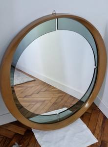 Vintage 1970s Italian <b>Round</b> <b>Wooden</b> Wall <b>Mirror</b> Smoked Glass Mid-Century Modern - Product Image 3