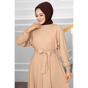 Nihal Waist Belted Hijab <b>Dress</b> for <b>Girls</b> and Boys Available in Latte Fabric - Product Image 1