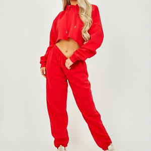 Sweat à capuche court pour femmes Survêtement à ourlet brut Ensemble deux pièces Survêtement décontracté à la mode Jogger Ensemble Streetwear - Product Image 1