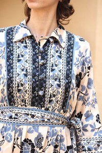 Moda al por mayor señoras vestido elegante Floral bloque estampado vestido para mujer personalizado encaje Puff manga con cinturón vestidos casuales - Product Image 3