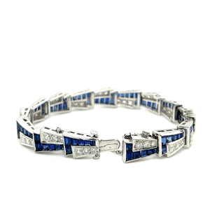 Bracelet à Maillons Miroir Art Déco Platine Saphir Bleu et Diamant Bracelet Tennis Coupe Baguette Saphir et Coupe Ronde - Product Image 4
