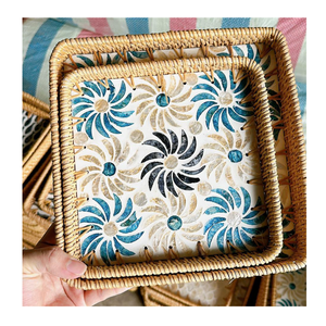 Plateau de service en rotin naturel écologique avec incrustation de nacre, plateau de service décoratif artisanal - Product Image 6