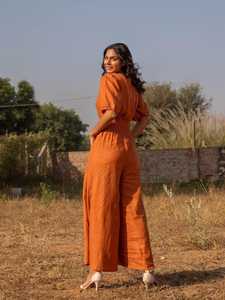 Mono vintage ODM naranja de lino/algodón de pierna ancha con manga abullonada, cuello en V, transpirable, dulce, de cintura media, para mujer, atuendo casual de verano - Product Image 5