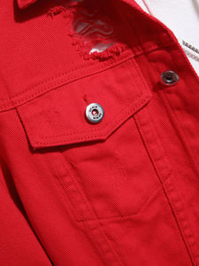 <b>Mens</b> Red Distressed Denim <b>Jacket</b> Ripped Jean Coat Slim Fit Cotton Outerwear Fashion Streetwear Casual <b>Trucker</b> Style Clothing - Product Image 4