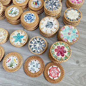Round Shape Rattan <b>Placemat</b> with Colorful Mother of Pearl Inlay Direct Factory Wholesale Custom Logo Vietnam <b>Dining</b> Use - Product Image 4