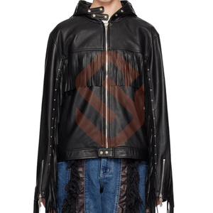 Chaqueta de cuero occidental desgastada con flecos de grano superior de cuero de vaca negro elegante chaqueta de cuero de motocicleta para Festival de vaquero - Product Image 1