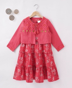 Robe à volants rouge à fleurs pour filles, avec veste brodée, manches longues, col rond, longueur genou, en coton et lin, pour le printemps - Product Image 1