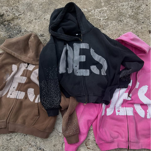 Sudaderas con capucha personalizadas para hombre parche bordado de socorro lavado con ácido sol se desvanece cremallera de peso pesado estampado de diamantes de imitación 100% ropa de calle de algodón - Product Image 5