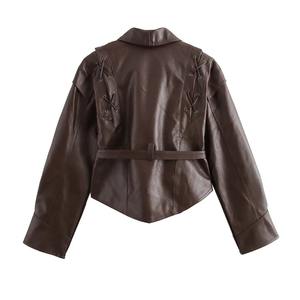 Chaqueta corta de cuero PU con estilo para mujer, Moda de Primavera, estilo callejero, chal, cuello, botón a prueba de viento, faja, chaqueta de cuero formal - Product Image 2