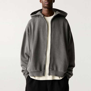 Sweat à capuche décontracté en coton doux 100 % avec fermeture éclair, broderie, cordon de serrage réglable, poche kangourou, coupe oversize, doublé et écologique - Product Image 1
