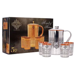 IndianArtVilla Steel Copper Embossed Design Jug With <b>Glass</b> GIft Set of 5-<b>Drinkware</b> for Storage & Drinking - Product Image 4