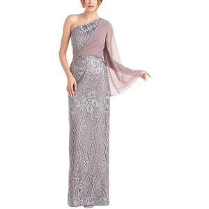Abito da sera monospalla Amari da donna JS Collections in chiffon grigio, lunghezza al pavimento, taglie forti XL, vita naturale, con paillettes - Product Image 1