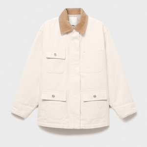 Veste utilitaire crème pour femmes avec col contrasté marron, manteau décontracté multi-poches pour un style tendance au quotidien, mode urbaine élégante - Product Image 1