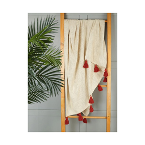 Beige <b>Knitted</b> <b>Throw</b> Blanket with Red Tassels Geometric Pattern Bohemian Style Rectangular Home Decor All Season Wool Acrylic Mix - Product Image 3