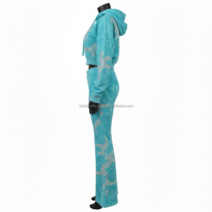 <b>Women</b> Premium Tracksuit 300GSM Soft Plush <b>Teal</b> Color fashion wholesale Rhinestone HeatPress Custom Logo Set Tracksuits Plus size - Product Image 3