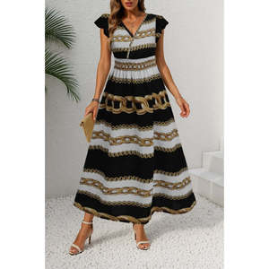 Women's Short Sleeve Wrap Neck <b>Elastic</b> Waist Patterned Maxi Length Knitted Crepe <b>Dress</b>, 25864 - Product Image 3