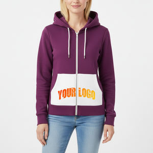 Sudadera con capucha para mujer, estilo casual, 100% algodón, forro polar grueso, diseño de bloques de color, transpirable, para gimnasio, con cierre de cremallera, OEM/ODM - Product Image 4