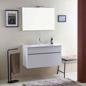 Meuble de salle de bain mural minimaliste en bois blanc de 90 cm, deux pièces, avec lavabo et ensembles de miroirs Shanghai - Product Image 1