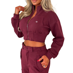 Ensemble de survêtement pour femme avec sweat à capuche zippé court et pantalon cargo en molleton de coton, tenue deux pièces streetwear, vente en gros OEM - Product Image 2