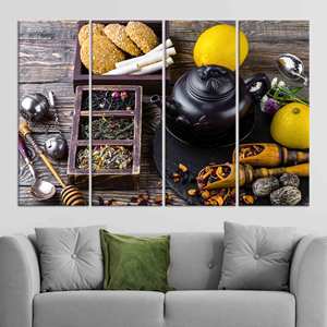 Toile imprimée élégante : Décoration de cuisine avec motif citron et théière, lot de 4 toiles - Product Image 1