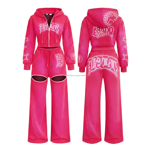 Conjunto de chándal de invierno para mujer con sudadera corta con cremallera y parches de logo, venta al por mayor - Product Image 1