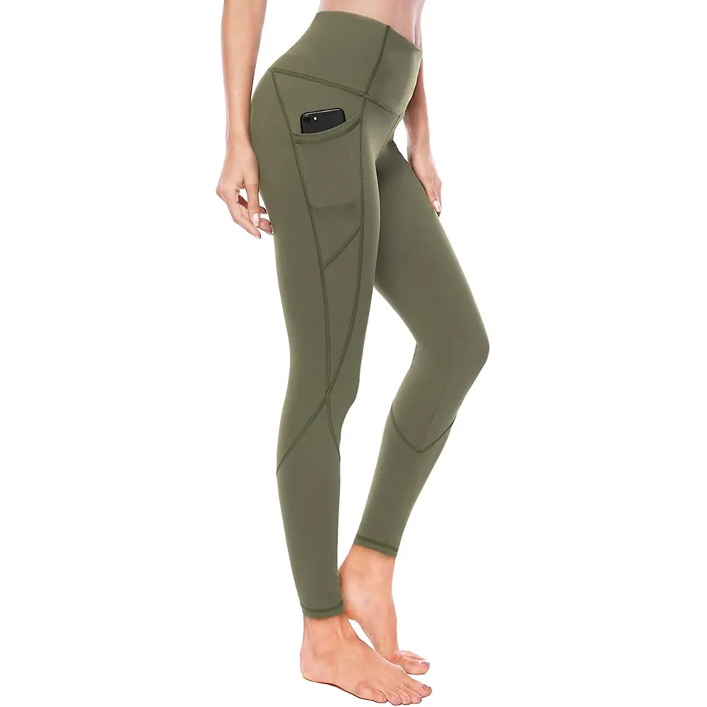 Hoge Kwaliteit Aangepaste Vrouwen Ademend Effen Kleur Workout Gym Training Legging Met Verborgen Tailleband Pocket & Zijzakken